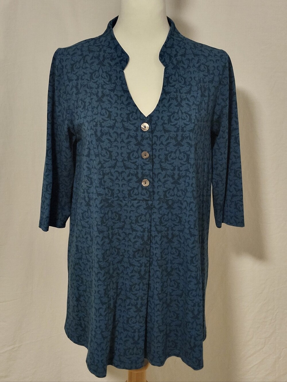 Blue Sky Bamboo/Organic Cotton Blend Teal Patterned Button V-Neck Tunic Top